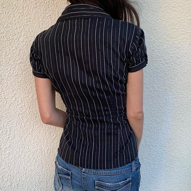 Y2K Black Striped Button-Up Top – Short Puff Sleeve Vintage 2000s Streetwear Blouse