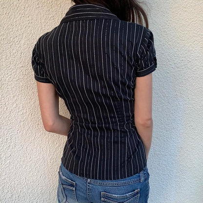 Y2K Black Striped Button-Up Top – Short Puff Sleeve Vintage 2000s Streetwear Blouse