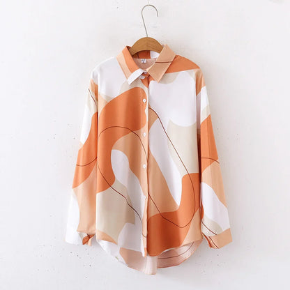 Vintage Leaf Print Blouse – Long Sleeve Button Down Casual Shirt for Women