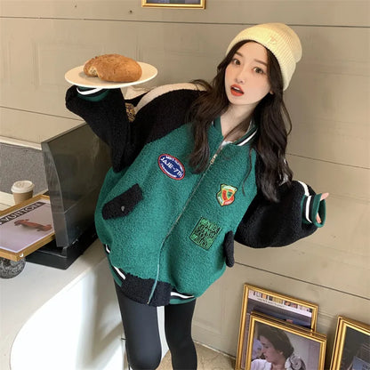 Oversized Green Baseball Jacket for Women – Zip-Up Bomber Coat Y2K Streetwear