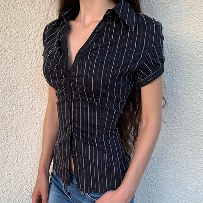 Y2K Black Striped Button-Up Top – Short Puff Sleeve Vintage 2000s Streetwear Blouse