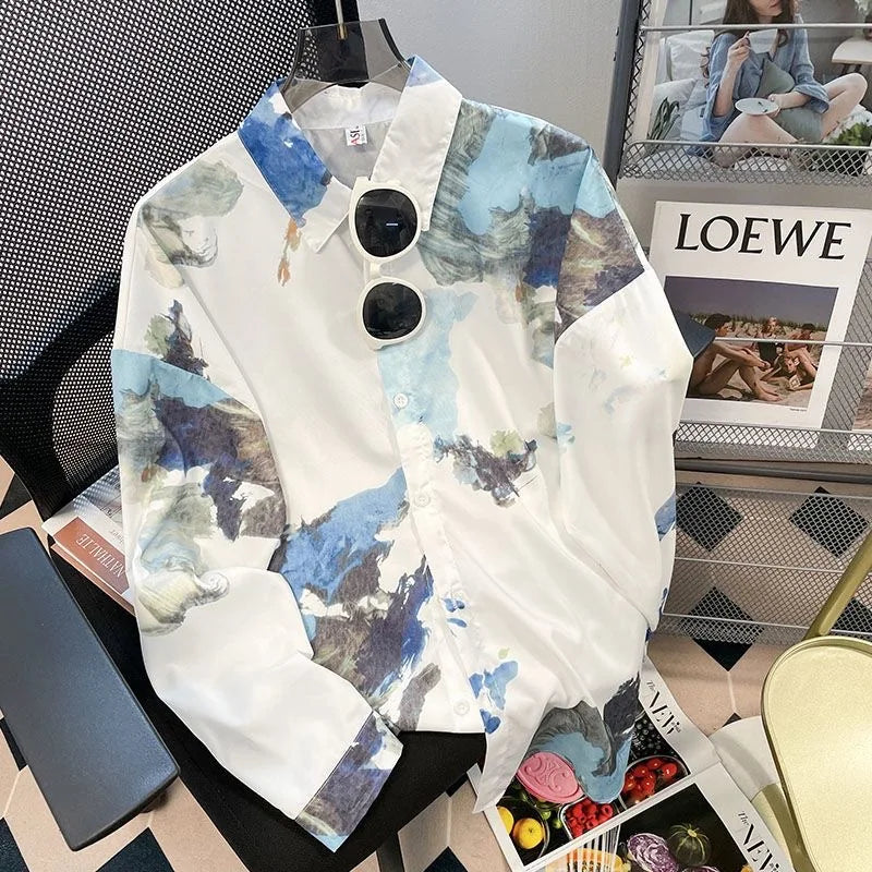 Vintage Leaf Print Blouse – Long Sleeve Button Down Casual Shirt for Women
