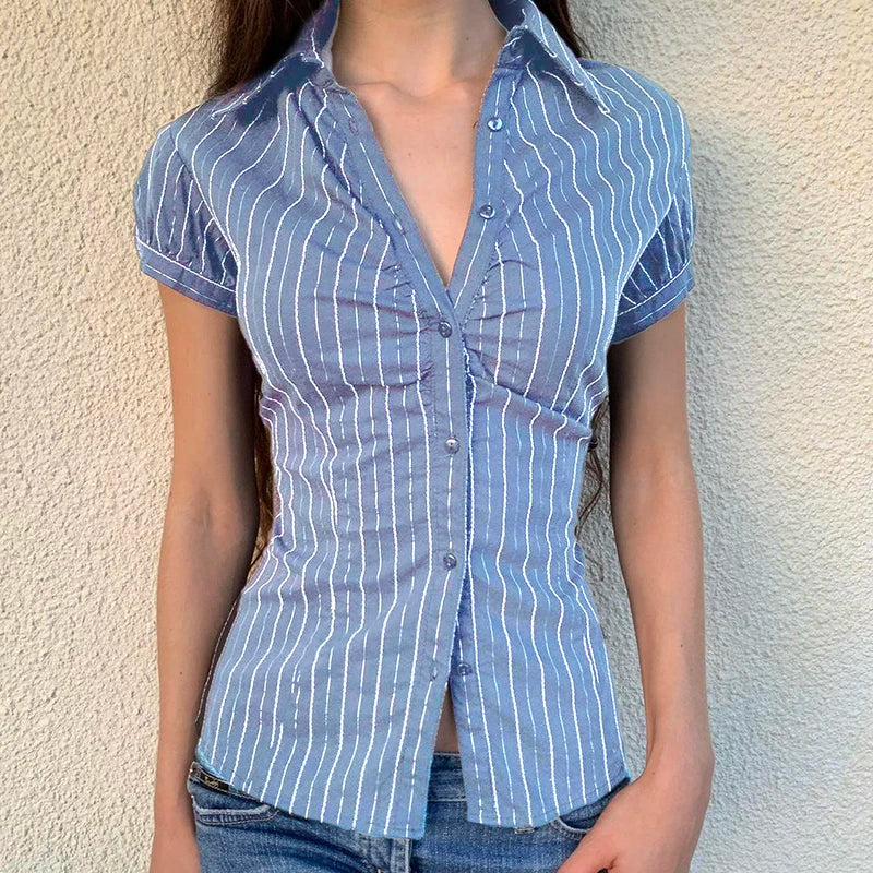 Y2K Black Striped Button-Up Top – Short Puff Sleeve Vintage 2000s Streetwear Blouse