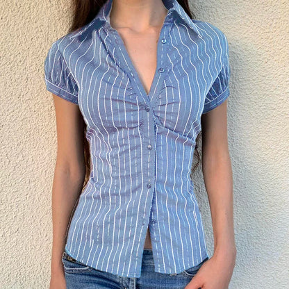 Y2K Black Striped Button-Up Top – Short Puff Sleeve Vintage 2000s Streetwear Blouse