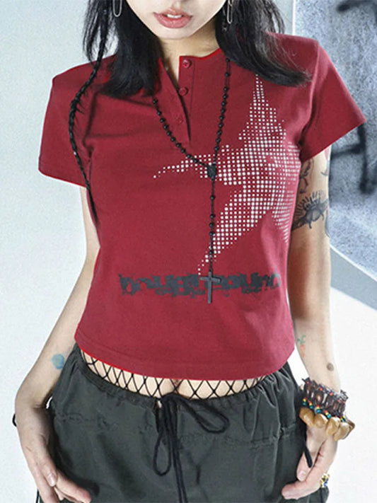 Y2K Harajuku Crop Top – Graphic Star Print Button-Up Short Sleeve Tee