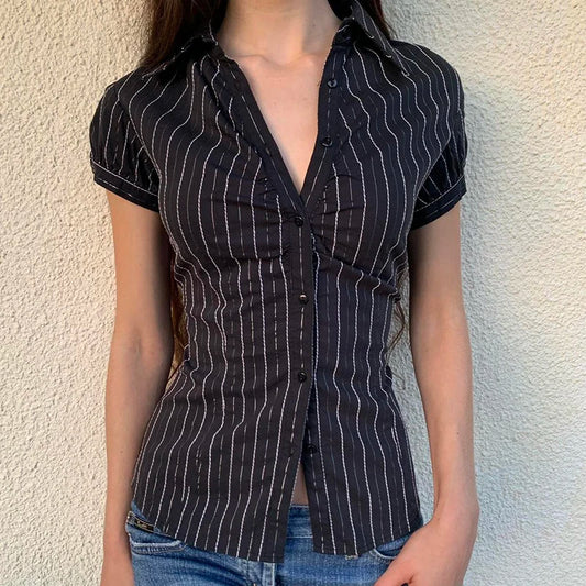 Y2K Black Striped Button-Up Top – Short Puff Sleeve Vintage 2000s Streetwear Blouse