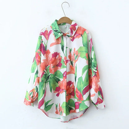 Vintage Leaf Print Blouse – Long Sleeve Button Down Casual Shirt for Women