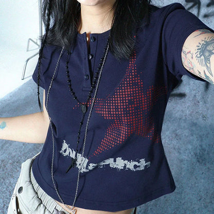 Y2K Harajuku Crop Top – Graphic Star Print Button-Up Short Sleeve Tee