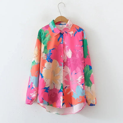 Vintage Leaf Print Blouse – Long Sleeve Button Down Casual Shirt for Women