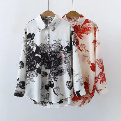 Vintage Leaf Print Blouse – Long Sleeve Button Down Casual Shirt for Women