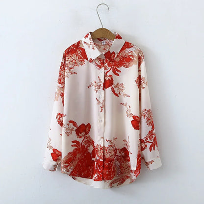 Vintage Leaf Print Blouse – Long Sleeve Button Down Casual Shirt for Women