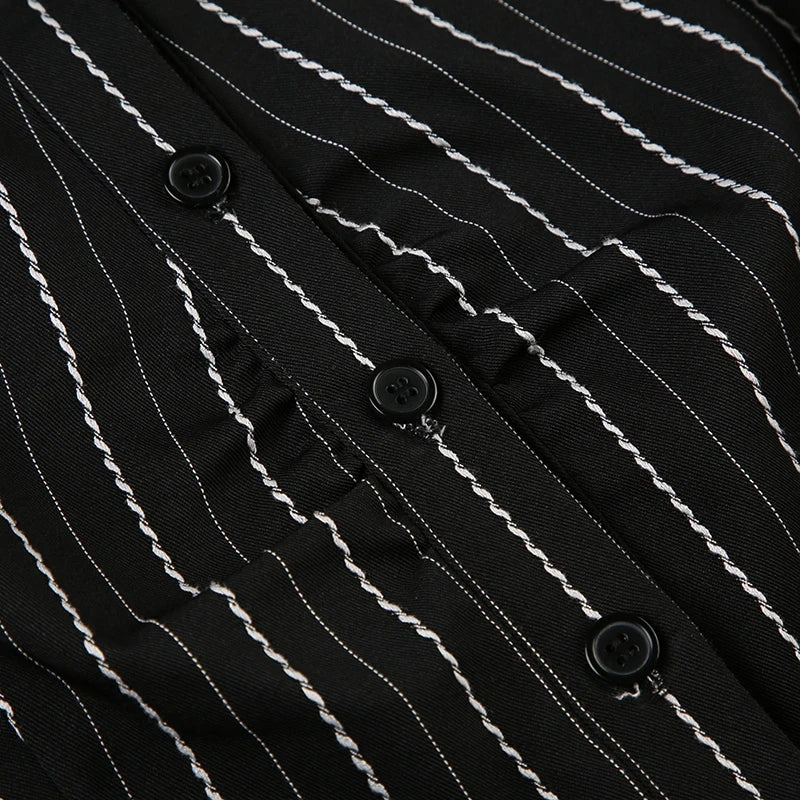 Y2K Black Striped Button-Up Top – Short Puff Sleeve Vintage 2000s Streetwear Blouse
