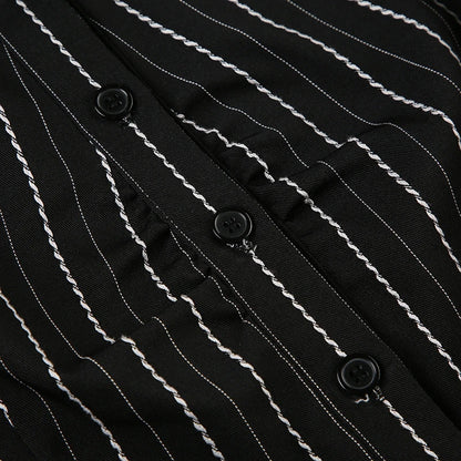 Y2K Black Striped Button-Up Top – Short Puff Sleeve Vintage 2000s Streetwear Blouse