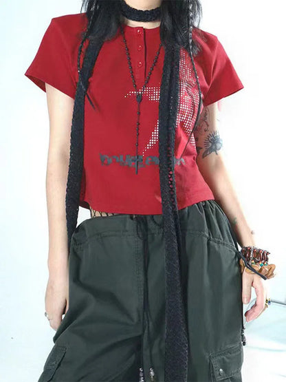Y2K Harajuku Crop Top – Graphic Star Print Button-Up Short Sleeve Tee