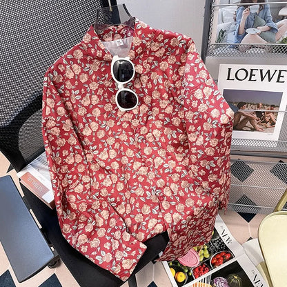 Vintage Leaf Print Blouse – Long Sleeve Button Down Casual Shirt for Women