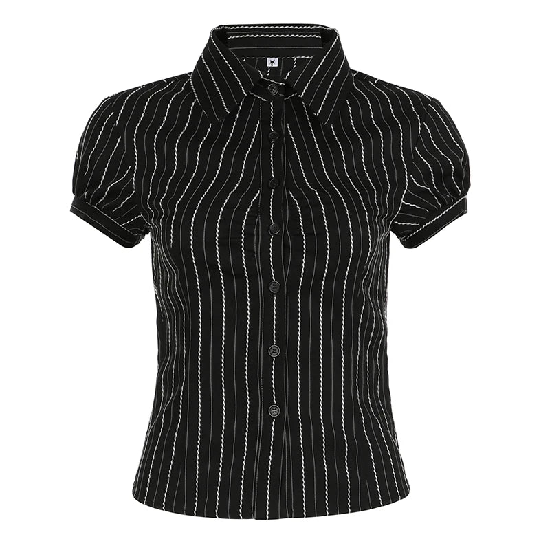 Y2K Black Striped Button-Up Top – Short Puff Sleeve Vintage 2000s Streetwear Blouse