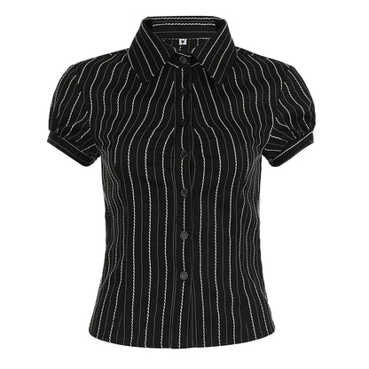 Y2K Black Striped Button-Up Top – Short Puff Sleeve Vintage 2000s Streetwear Blouse
