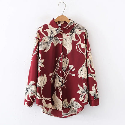 Vintage Leaf Print Blouse – Long Sleeve Button Down Casual Shirt for Women
