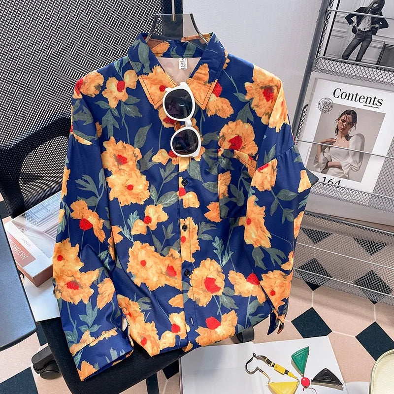 Vintage Leaf Print Blouse – Long Sleeve Button Down Casual Shirt for Women