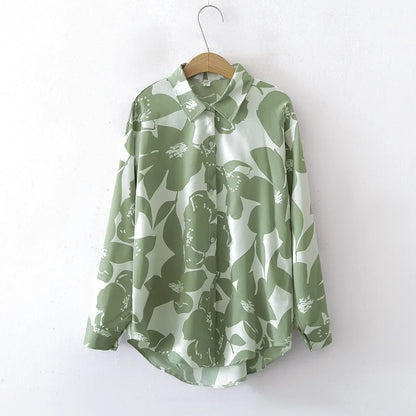 Vintage Leaf Print Blouse – Long Sleeve Button Down Casual Shirt for Women