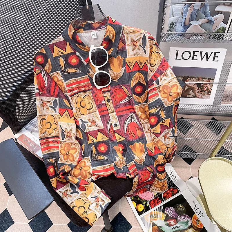 Vintage Leaf Print Blouse – Long Sleeve Button Down Casual Shirt for Women