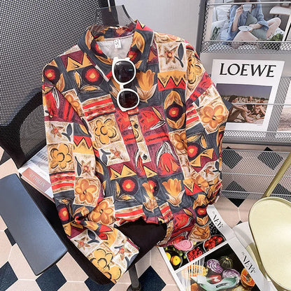 Vintage Leaf Print Blouse – Long Sleeve Button Down Casual Shirt for Women