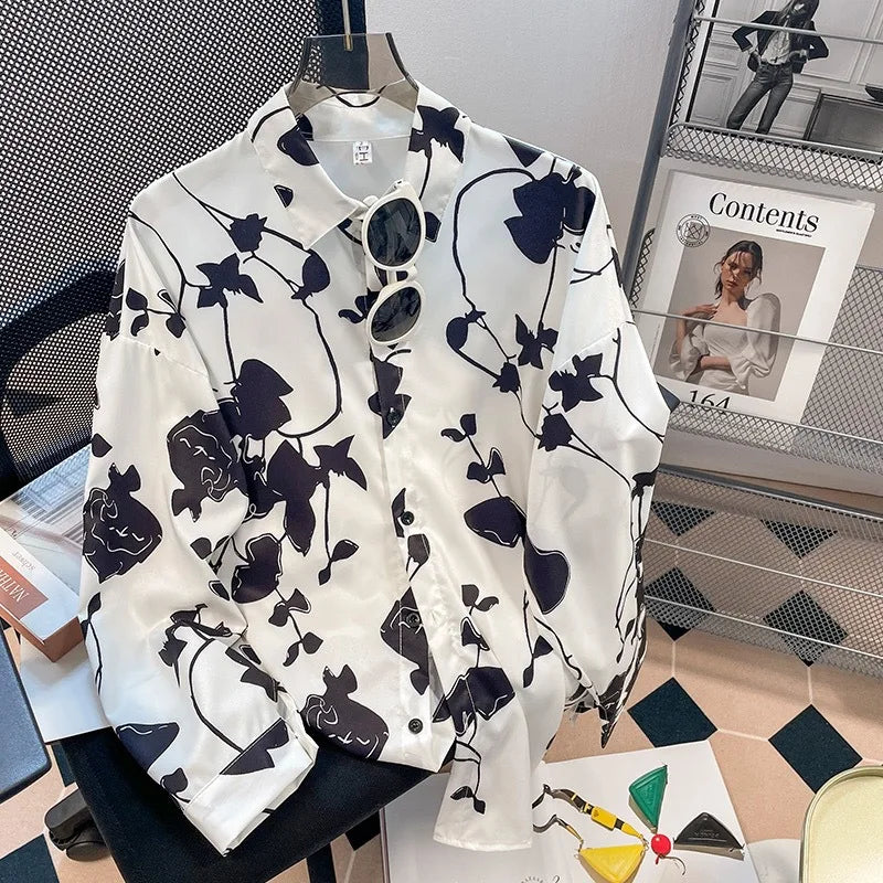 Vintage Leaf Print Blouse – Long Sleeve Button Down Casual Shirt for Women