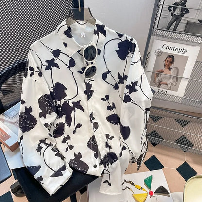 Vintage Leaf Print Blouse – Long Sleeve Button Down Casual Shirt for Women