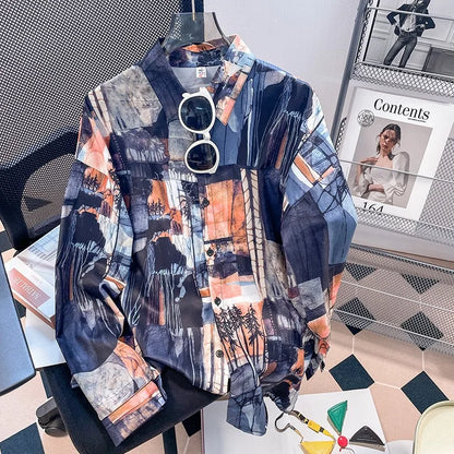 Vintage Leaf Print Blouse – Long Sleeve Button Down Casual Shirt for Women