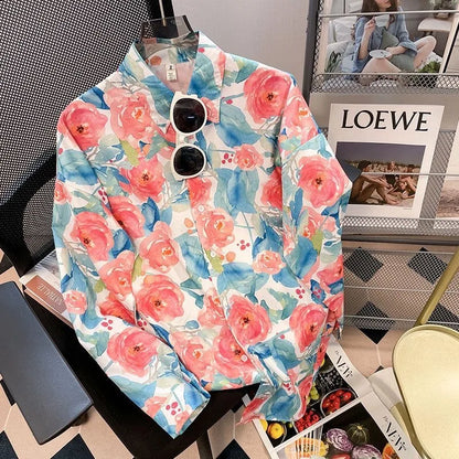 Vintage Leaf Print Blouse – Long Sleeve Button Down Casual Shirt for Women