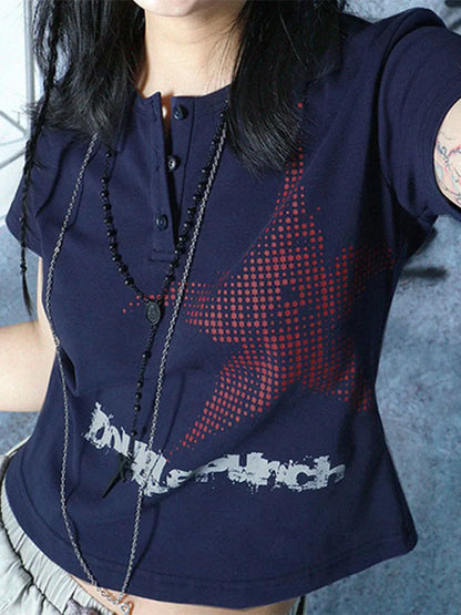 Y2K Harajuku Crop Top – Graphic Star Print Button-Up Short Sleeve Tee