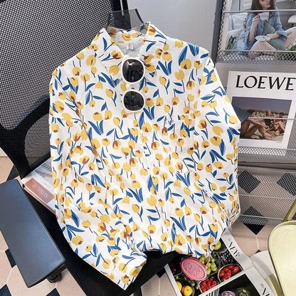 Vintage Leaf Print Blouse – Long Sleeve Button Down Casual Shirt for Women