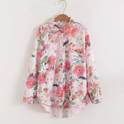 Vintage Leaf Print Blouse – Long Sleeve Button Down Casual Shirt for Women