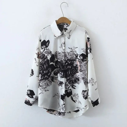 Vintage Leaf Print Blouse – Long Sleeve Button Down Casual Shirt for Women