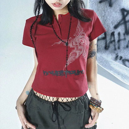 Y2K Harajuku Crop Top – Graphic Star Print Button-Up Short Sleeve Tee