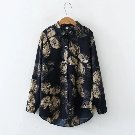 Vintage Leaf Print Blouse – Long Sleeve Button Down Casual Shirt for Women